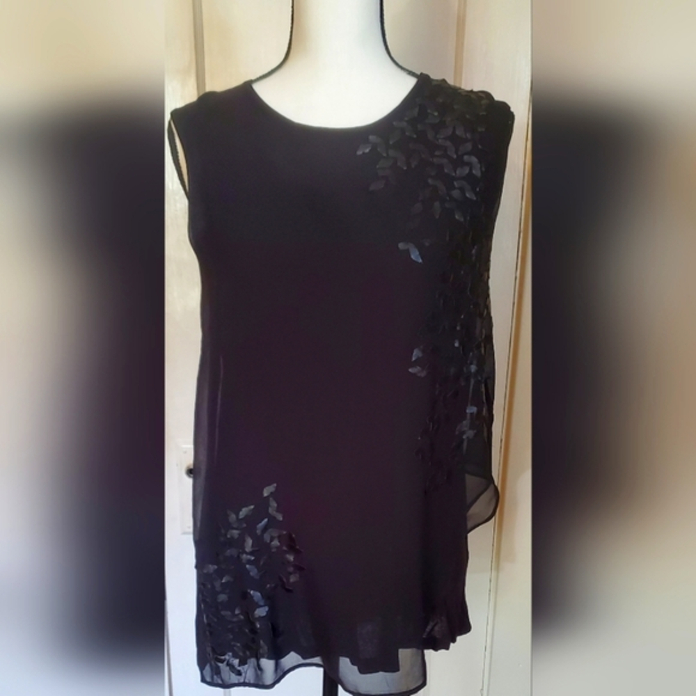 DKNYC med. Black flowy sleeveless blouse faux leather embellishments